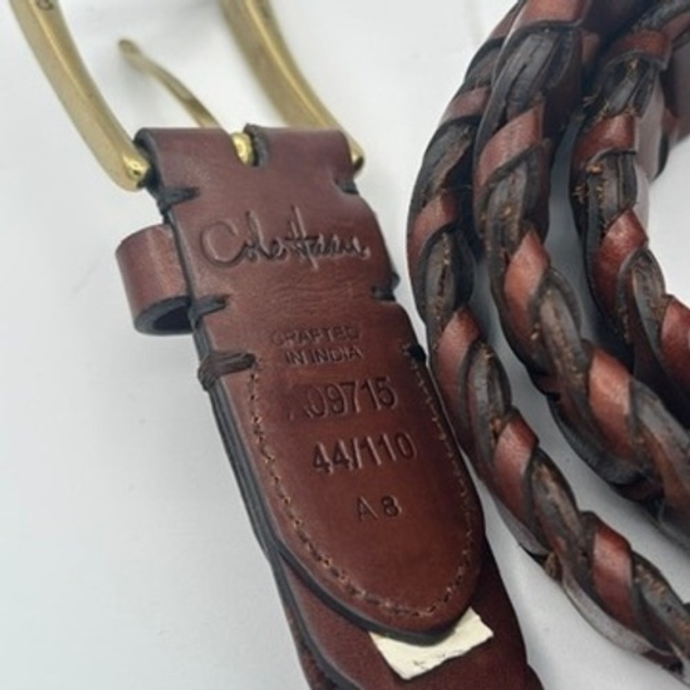 Cole Haan Woven Leather Belt Men Sz 44 Brown Braided Brass Buckle Casual - Picture 6 of 9